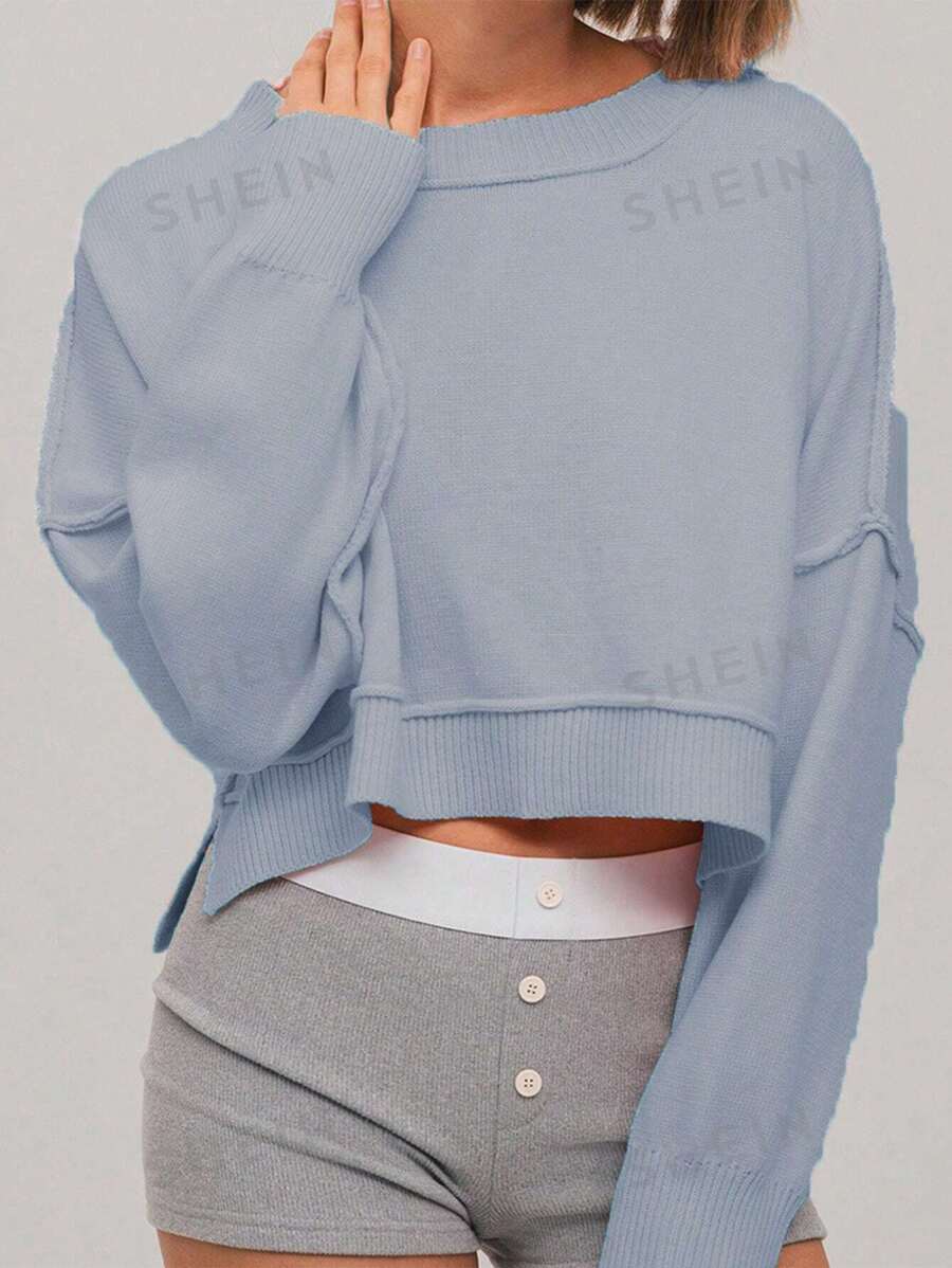 TRNVIE Suéter casual de cuello redondo de manga larga con hombros caídos y unicolor para mujer, otoño/invierno