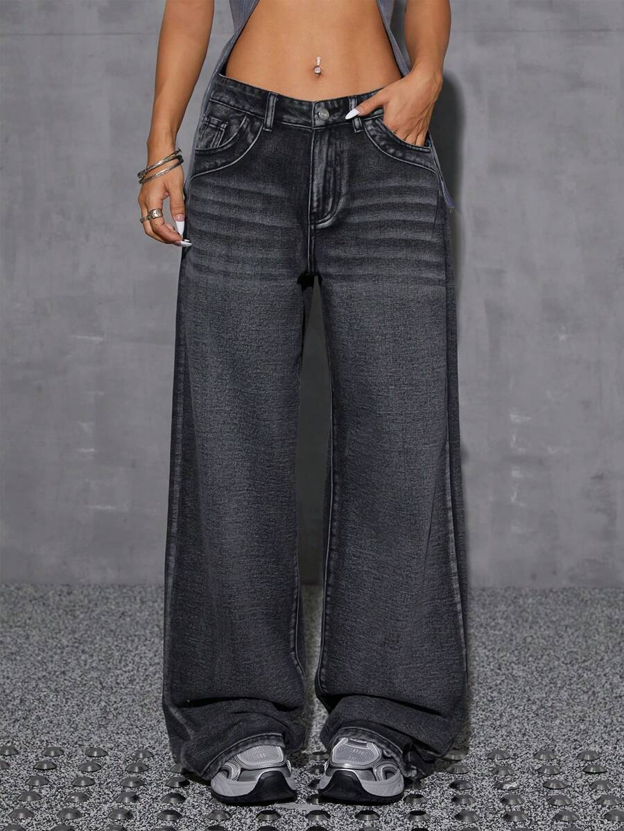 SHEIN EZwear Women Non-Stretch High Waist Wide Leg Long Jeans