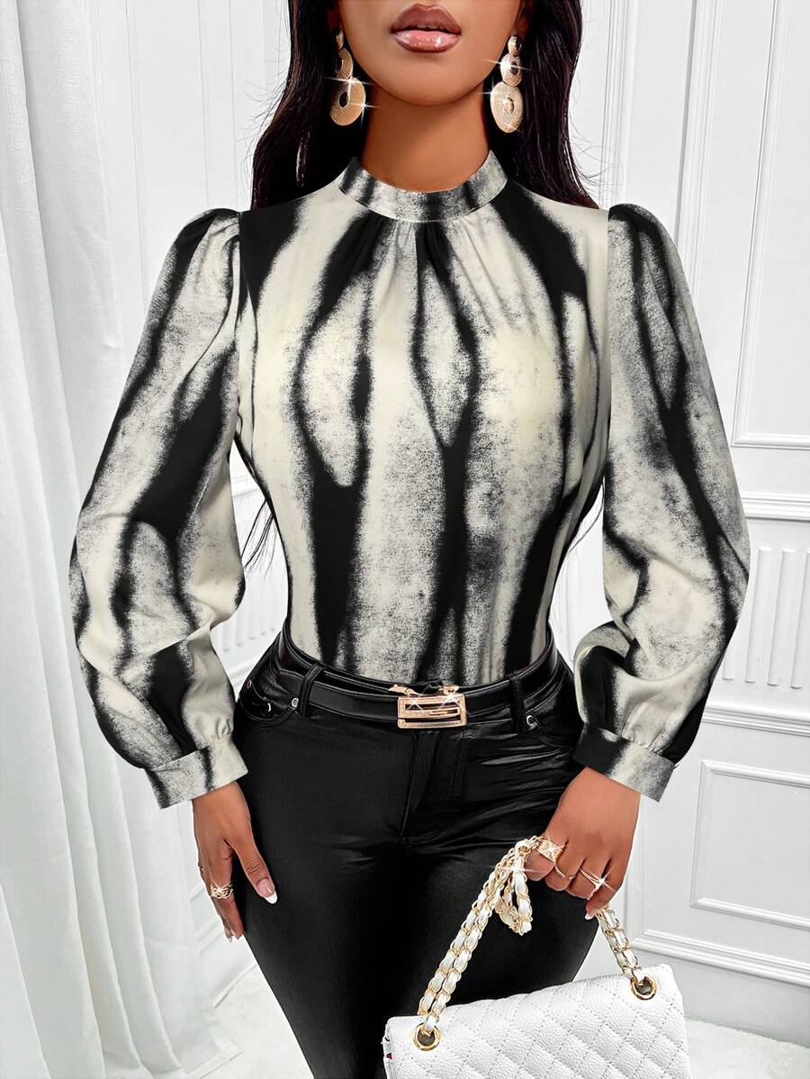 SOLERSUN Women Autumn Batik Print Bubble Long Sleeve Elegant Blouse (Print Design Random)
