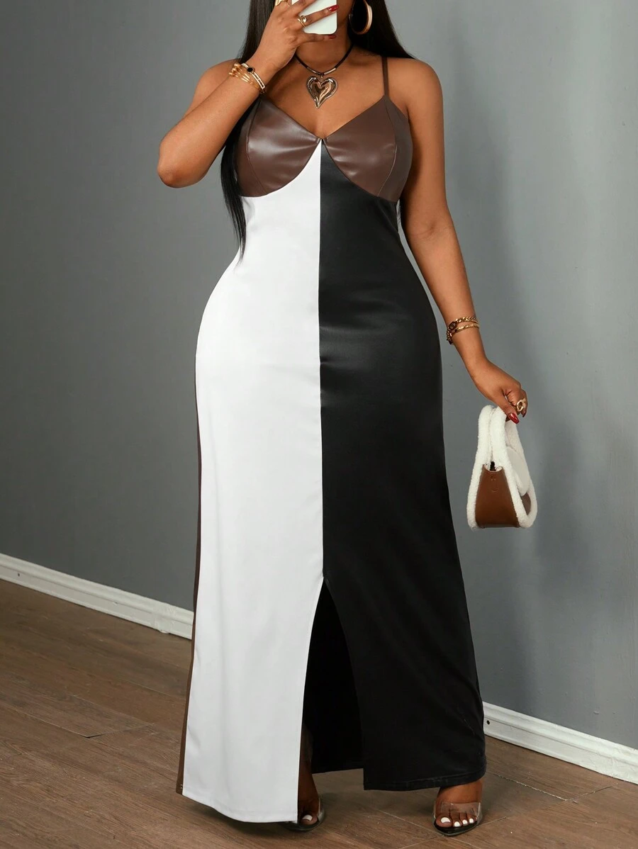 Slaydiva Plus Size Elegancka i na imprezę i spotkanie i randkę, dopasowana, jednolita, brązowa, z długim rękawem, asymetrycznym dołem, falbaniasta, sukienka z PU, długa, dopasowana sukienka, wiosna/jesień-B