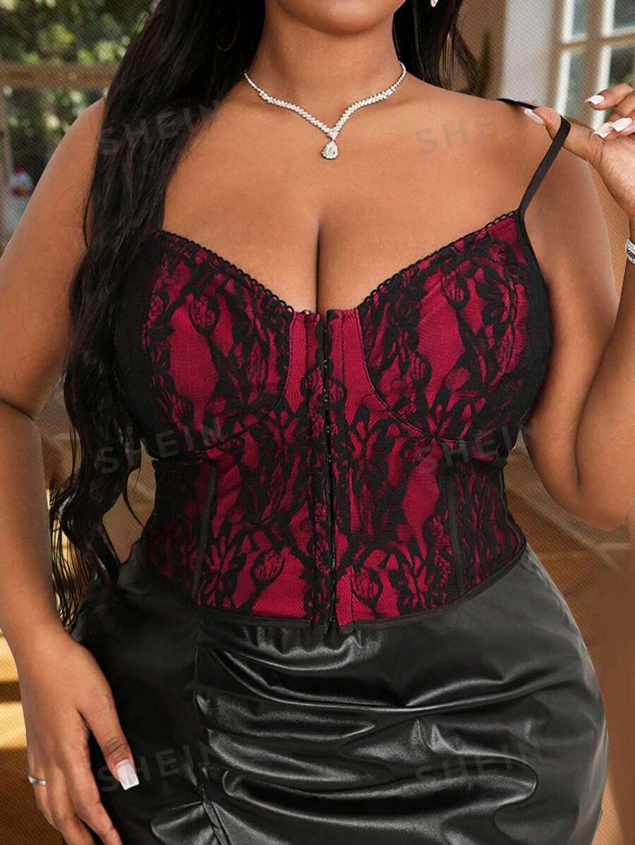 Slaydiva Camiseta ajustada de encaje de contraste para mujer de talla grande - Adecuado para el Día de San Valentín