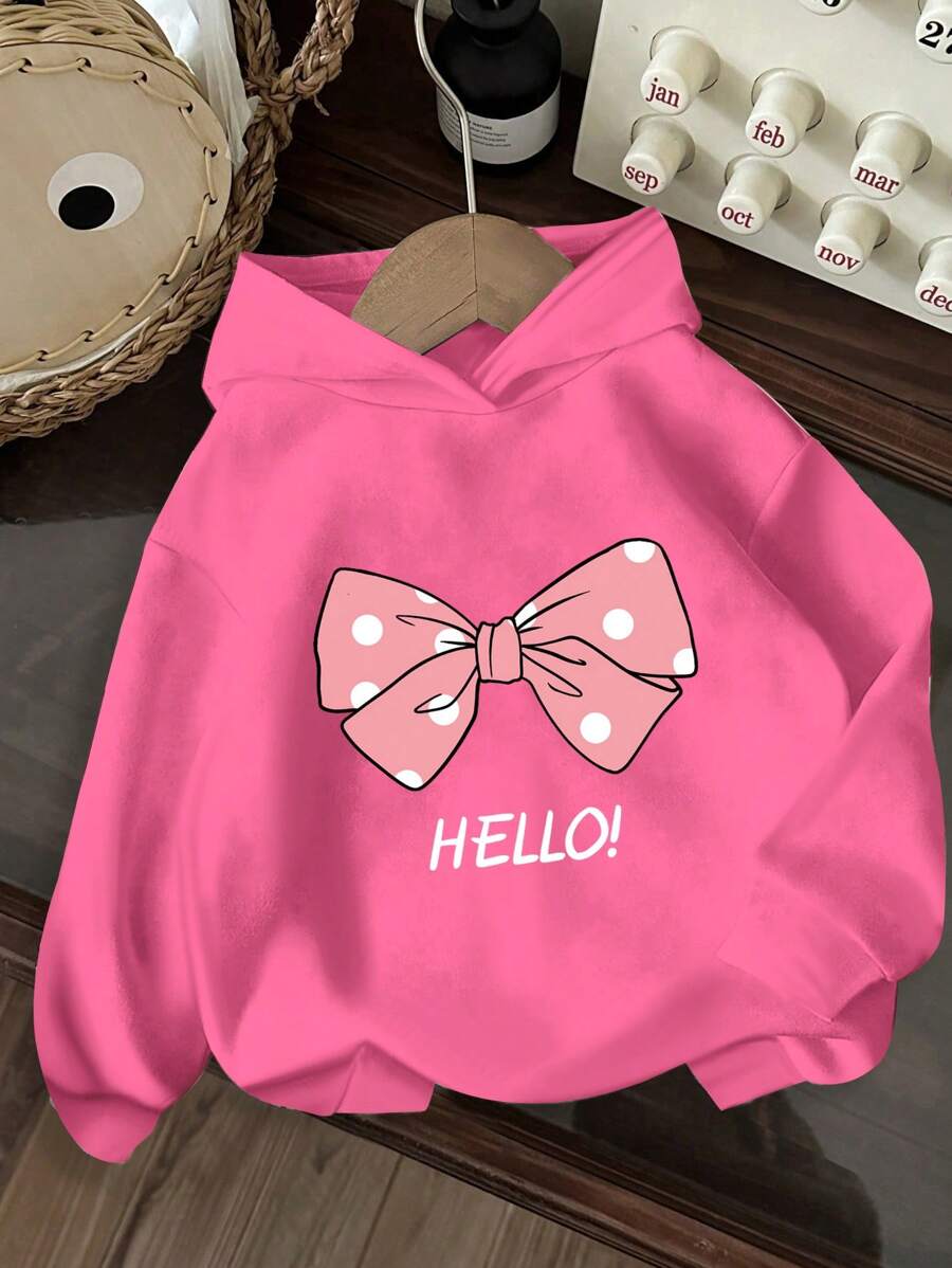 SHEIN HELLO! Pink Polka Dot Bow, Cute, Beautiful "I Love Mummy And Daddy" Slogan, Casual Relaxed Fit Knitted Thick Hoodie Sweatshirt For Young Girls, Everyday Comfortable Wear