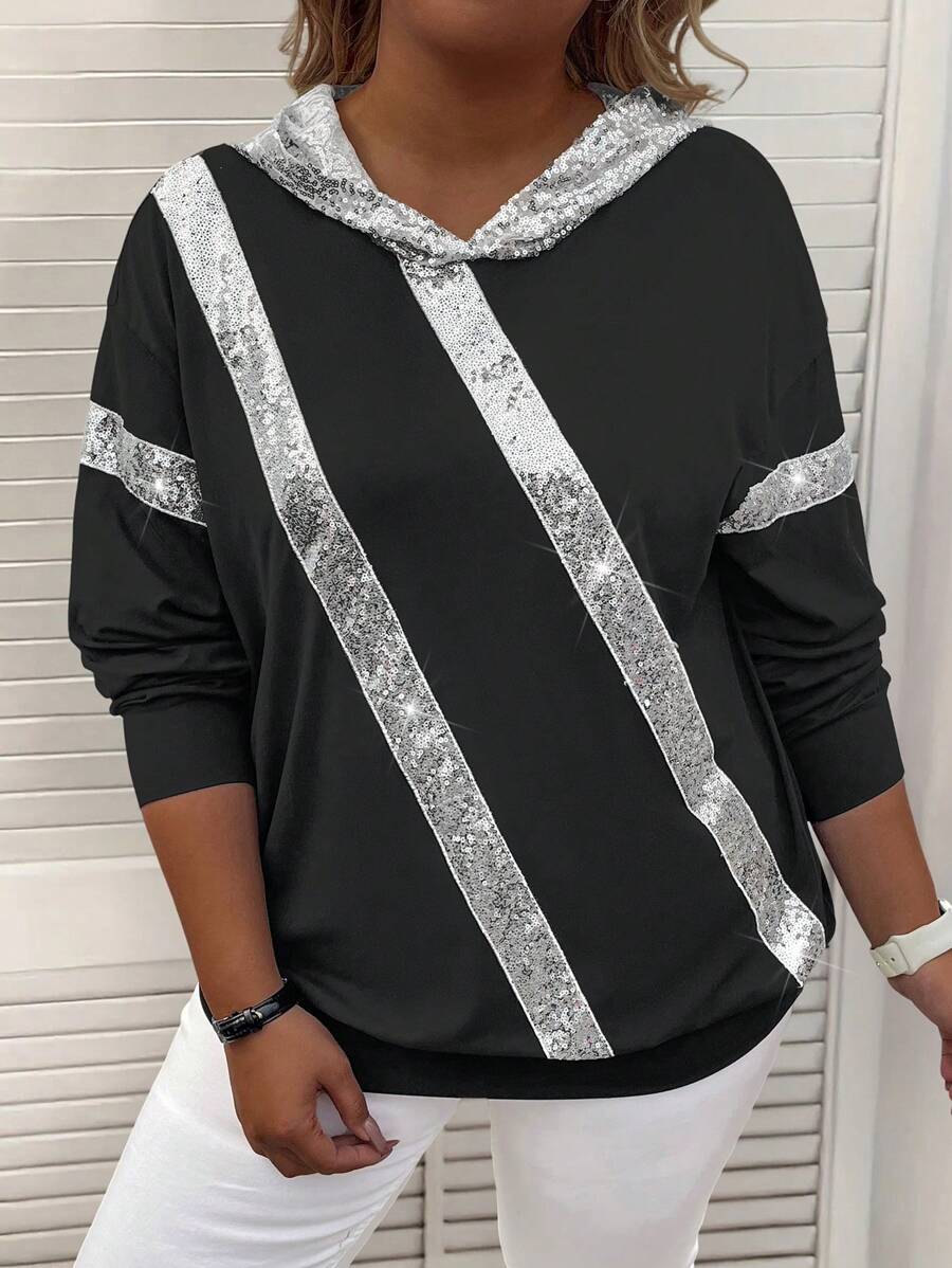 SHEIN LUNE Plus Size Women's Beaded Patchwork Hoodie, Casual And Slim-Fit