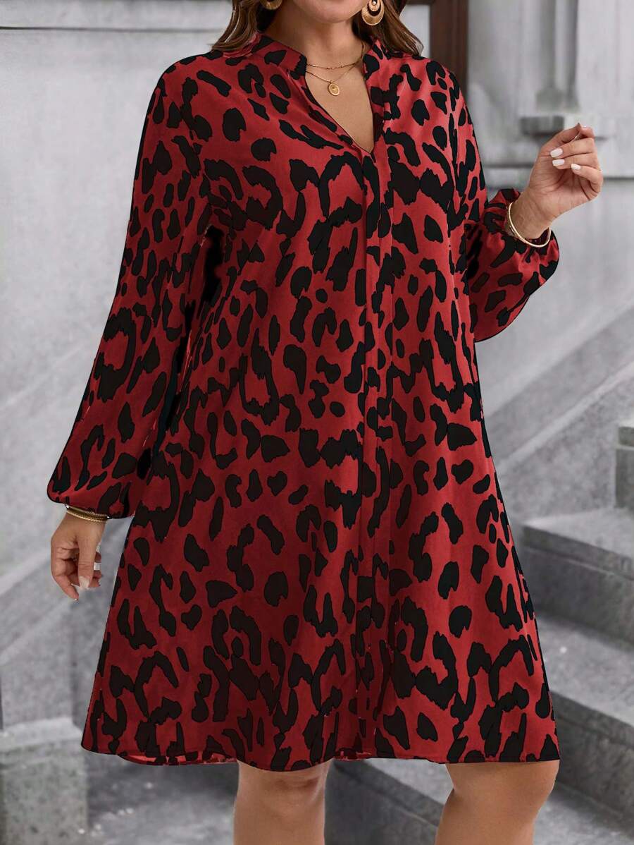 EMERY ROSE Plus Size V-hals Lange Mouw All-Over Print Losse En Elegante Herfstjurk