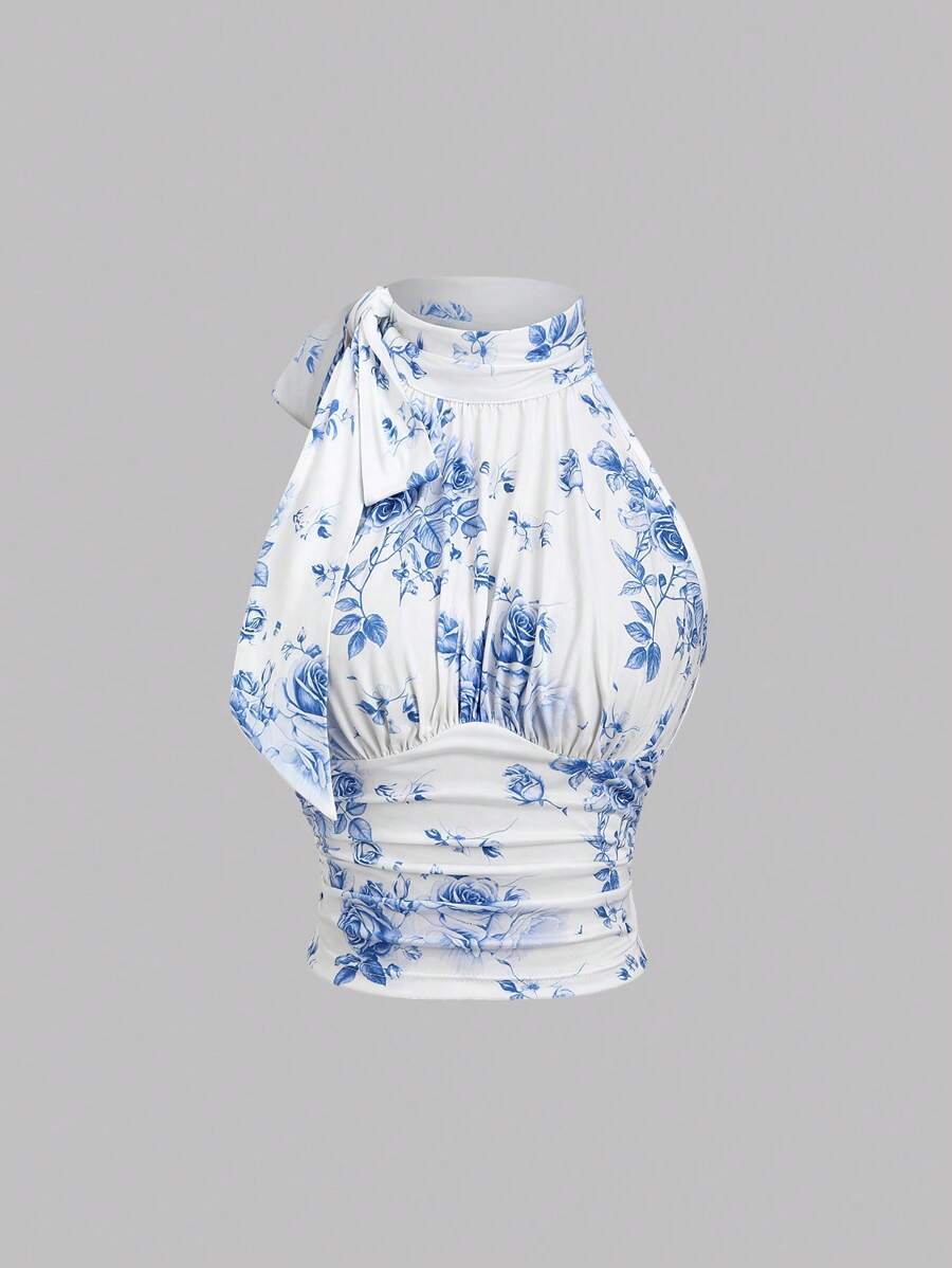 Sweetra Women's New Spring Summer Blue Rose Print Elegant Sleeveless Shirt, Commuting Style Fitted Charming Stand Collar Butterfly Pleat Decor Tie Waist Crinkle Craft Blue And White Sleeveless Short Tank Top