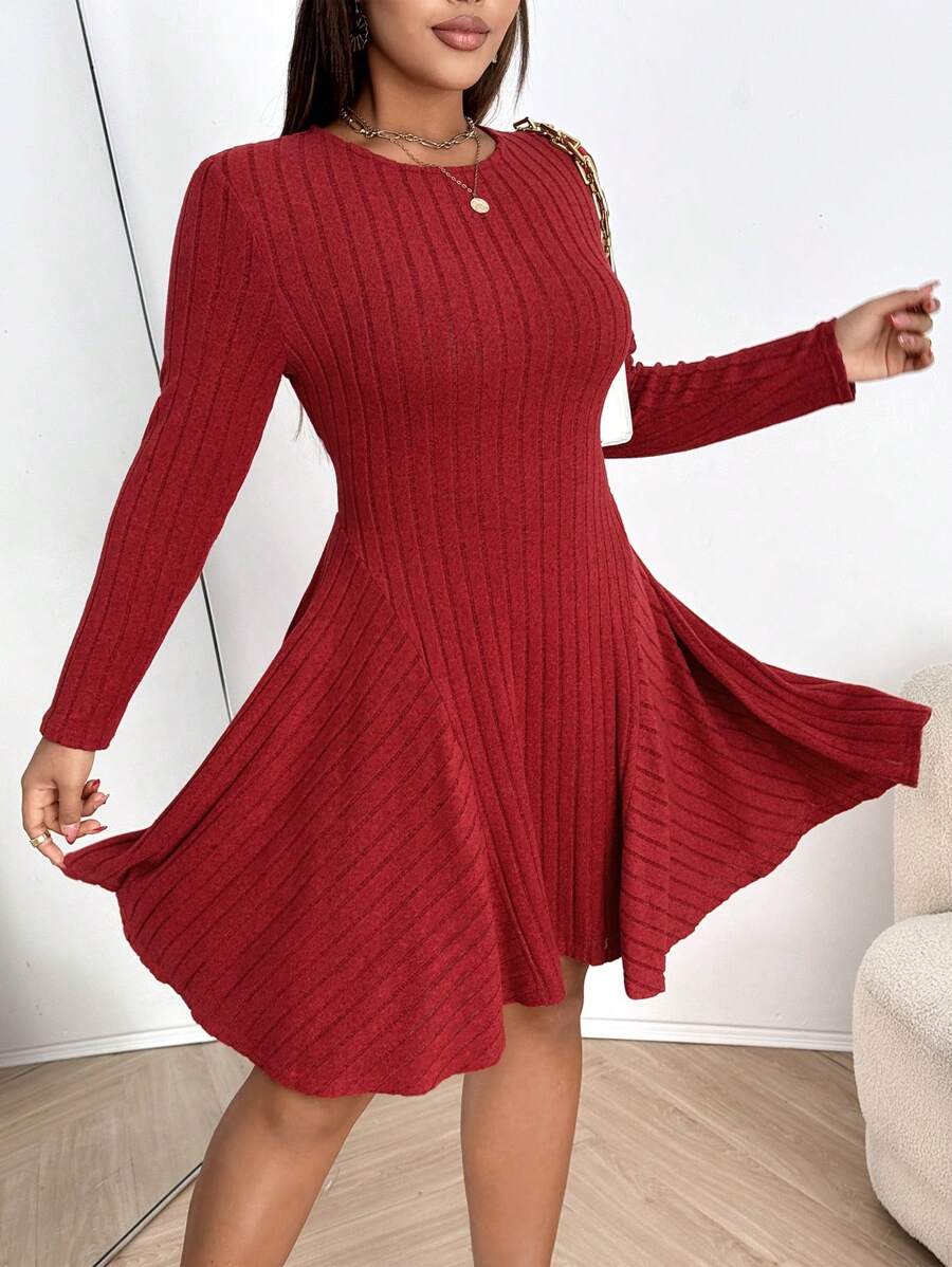 Franclia Plus Size Vrouwen Effen Kleur Ronde Hals Lange Mouw Geribbelde Korte Casual Jurk