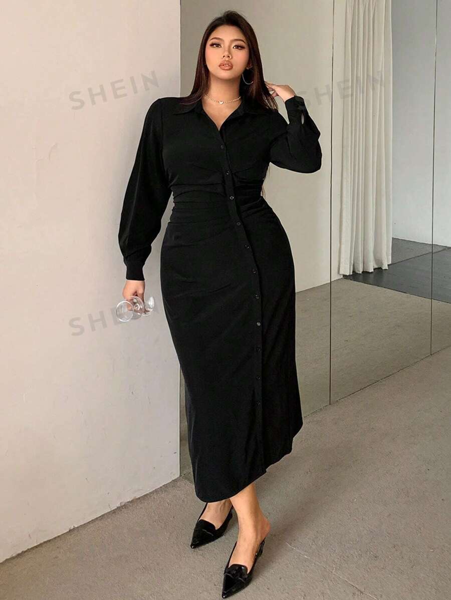 Dazy Petite Plus Vestido midi con cuello en V, unicolor, manga corta y abertura lateral para tallas grandes, color negro, vestido camisa de primavera y verano