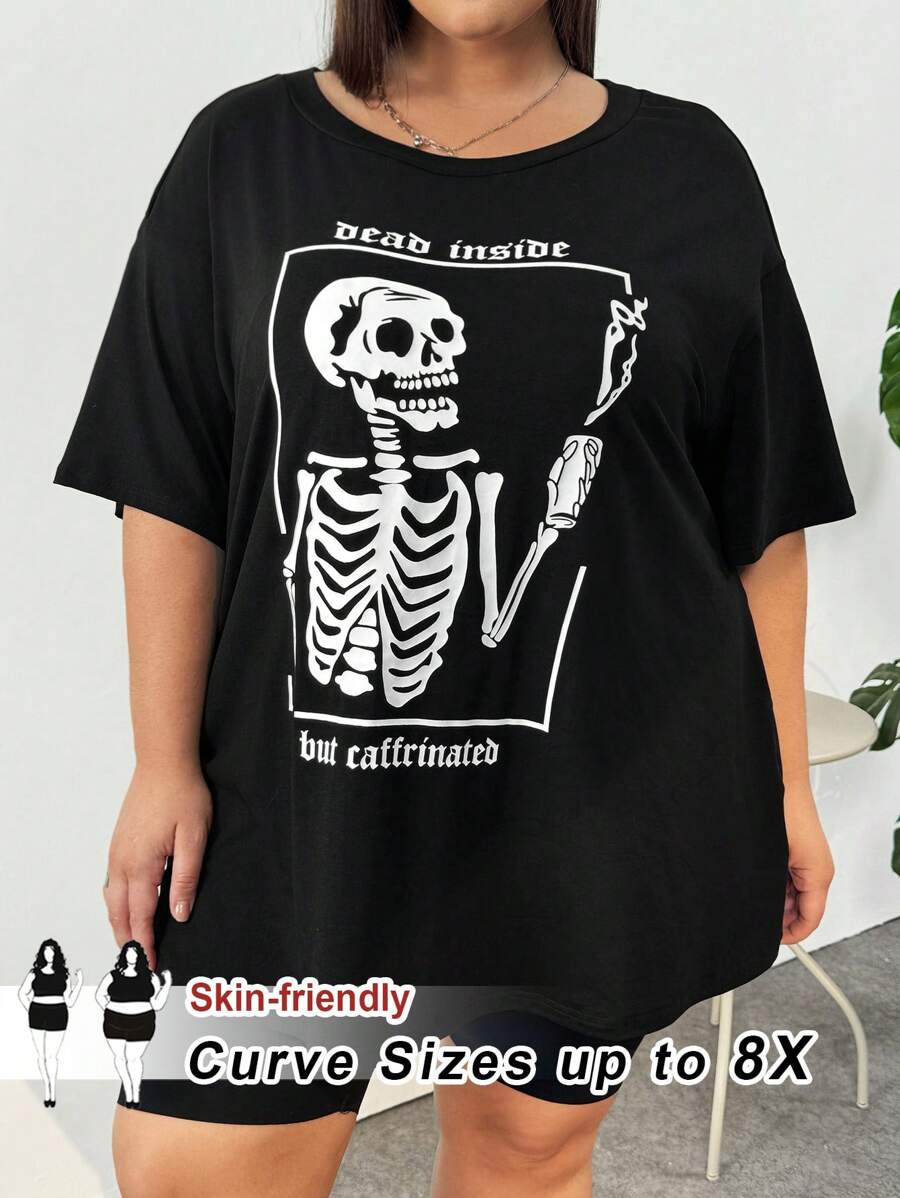 SHEIN CURVE+ Plus Size Skull & Letter Printed T-Shirt