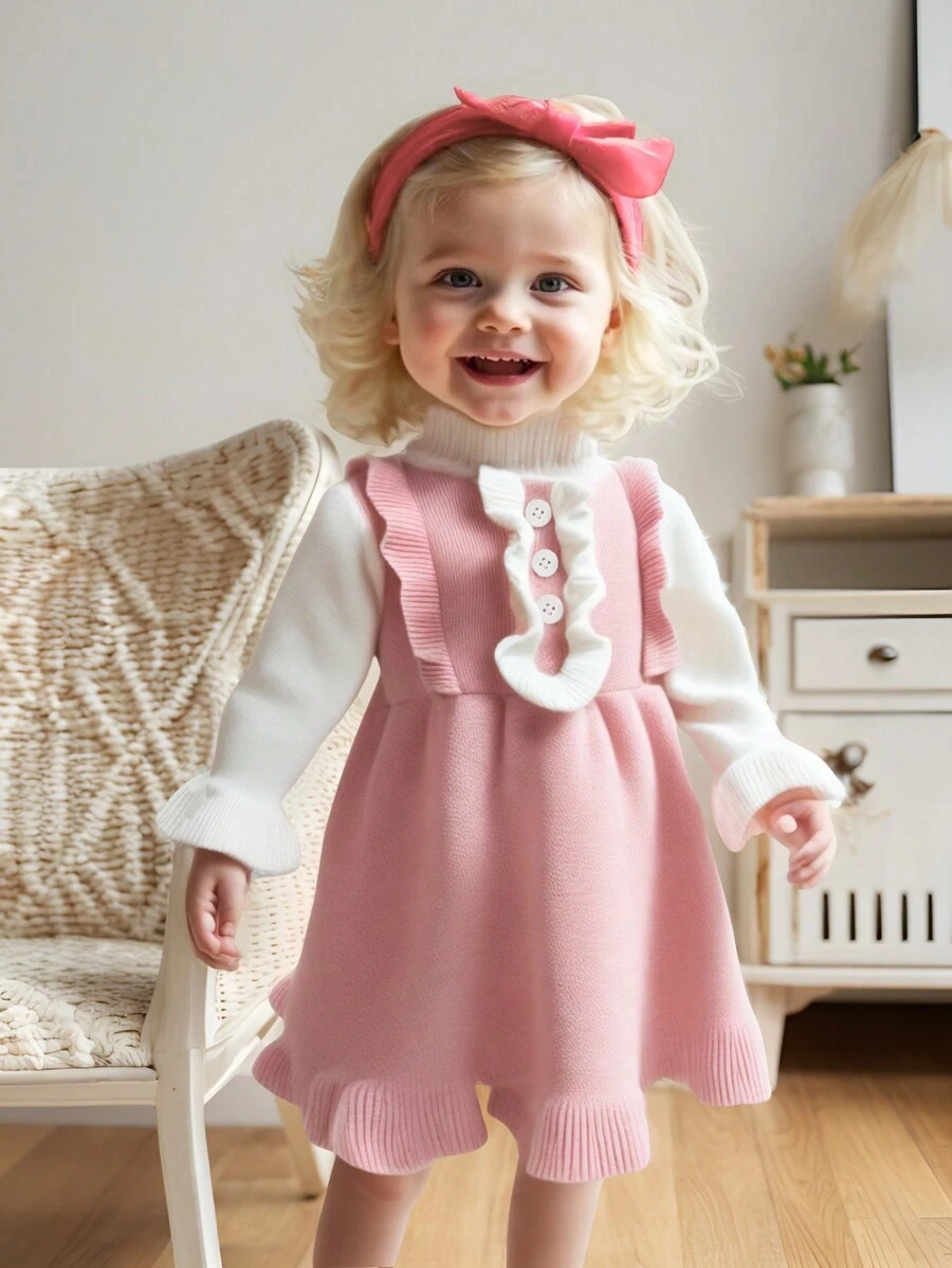 SHEIN Robe pull à col montant à manches longues avec volants et blocs de couleurs mignons pour bébé fille, robe en tricot élégante pour l'automne/l'hiver