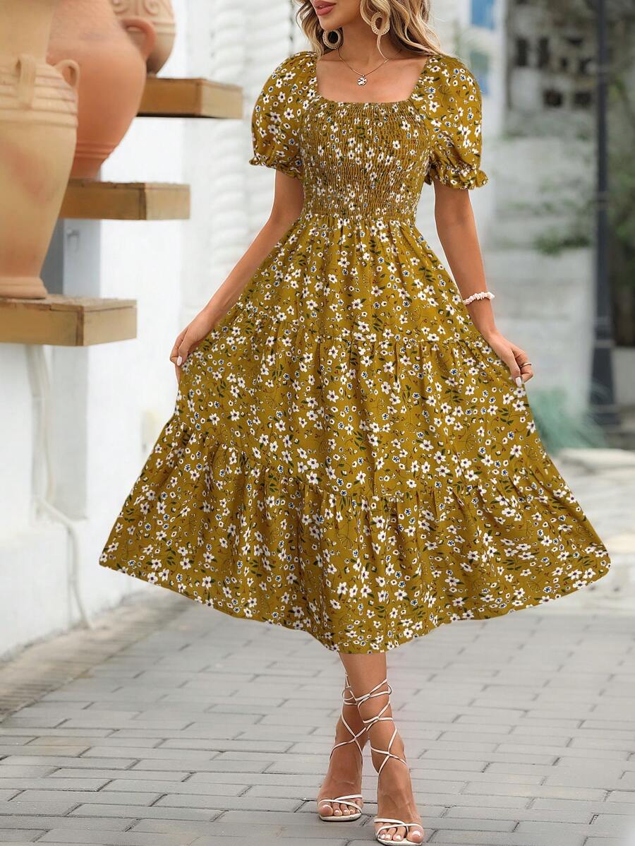 SHEIN Clasi Women's Floral Print Puff Sleeve Midi Dress