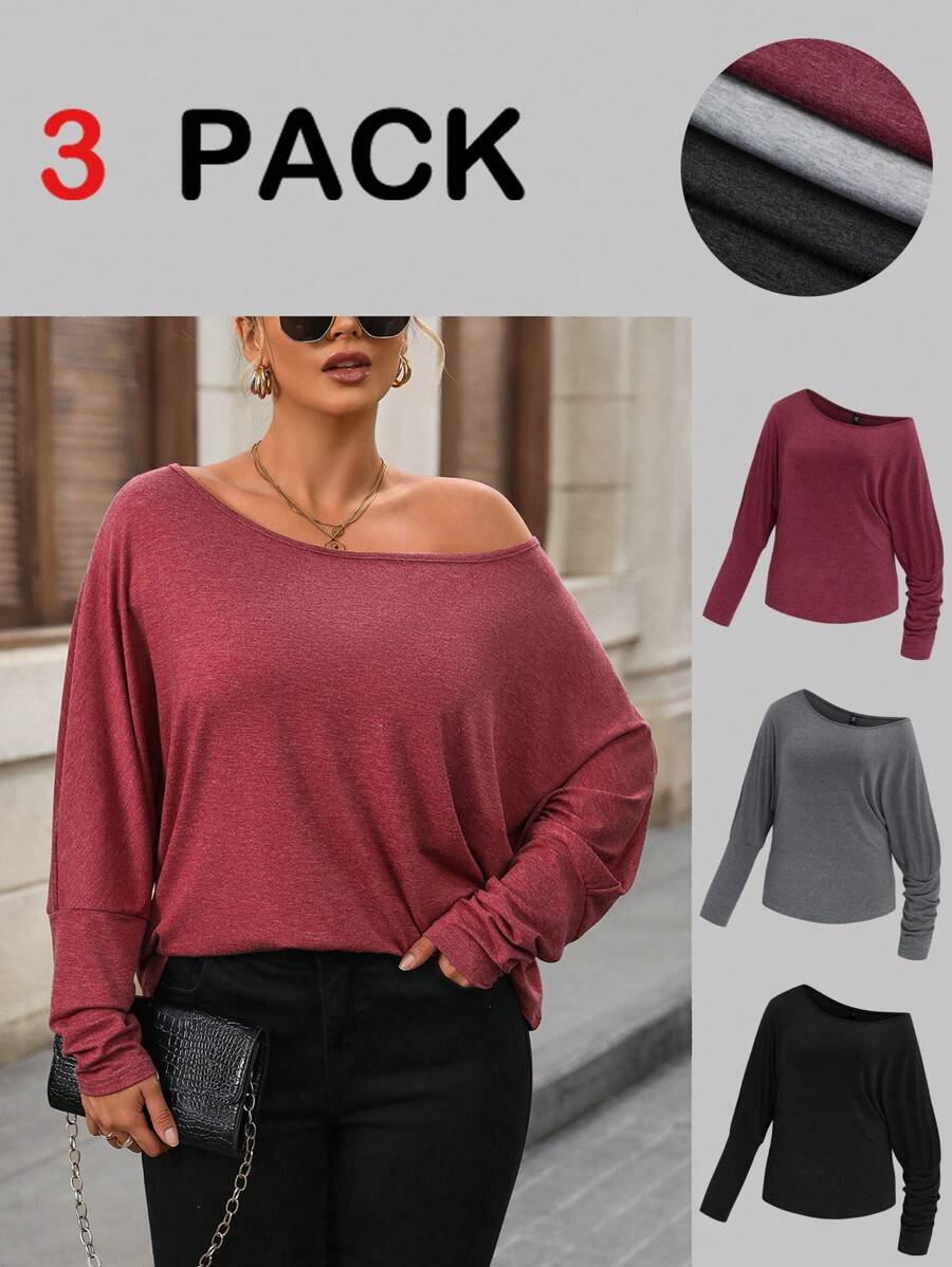 SHEIN LUNE Conjunto informal holgado de 3 piezas (camiseta de manga larga, cuello sesgado y colorido) tallas grandes, adecuado para Año Nuevo, Día de San Valentín, Acción de Gracias, Navidad, Fiesta nacional, Nochevieja, Fiesta de Navidad, decoración navideña, ropa de hogar navideña, vacaciones de primavera