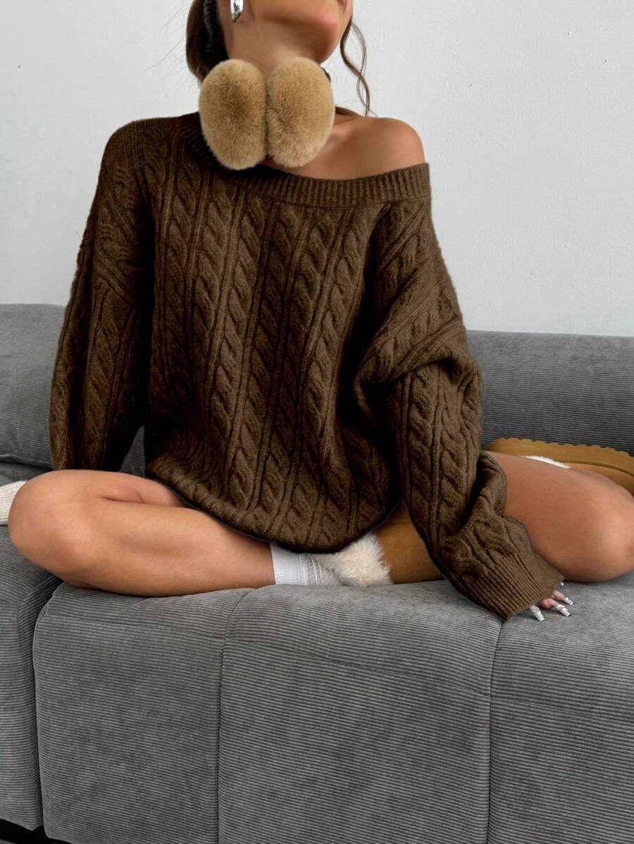 Flirla Dames Casual Losse Havermout Ronde Hals Drop Schouder Dikke Brei Trui Voor Herfst & Winter
