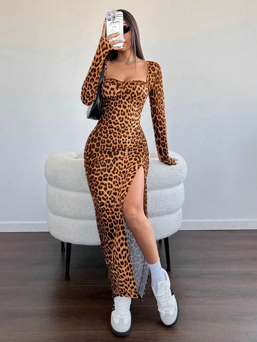 Flirla Luipaardprint vierkante hals lange mouw split zoom jurk, herfst/winter casual dagelijkse outfit