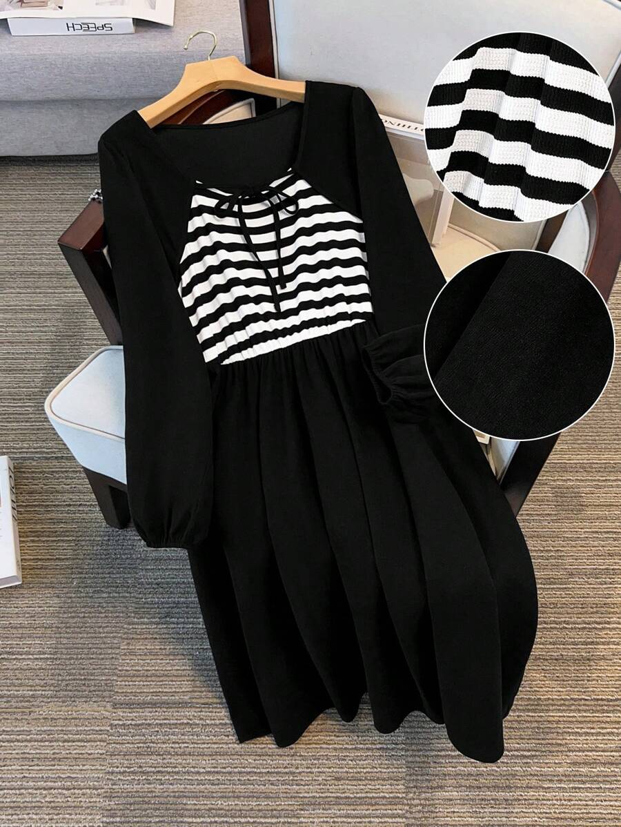 SHEIN LUNE Plus Size Casual Striped Patchwork Long Sleeve Dress Maxi Women Outfit