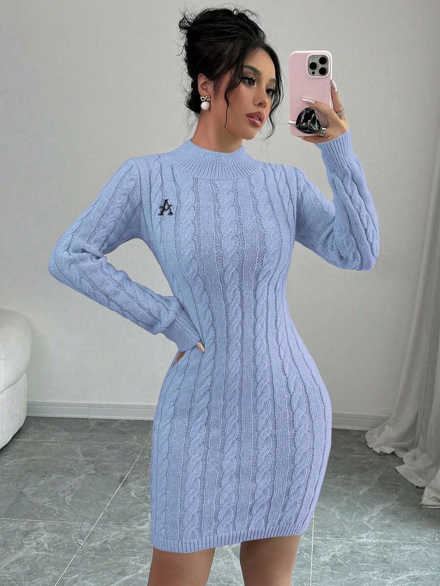 Elenzga Autumn/Winter Casual Letter Embroidery Fitted Sweater Dress