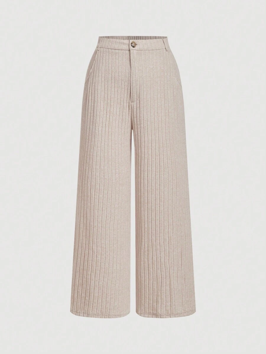 SHEIN MOD Pantalones anchos de talle alto y acanalados en talla grande color beige, apropiados para Año Nuevo, Día de San Valentín, citas, uso casual diario