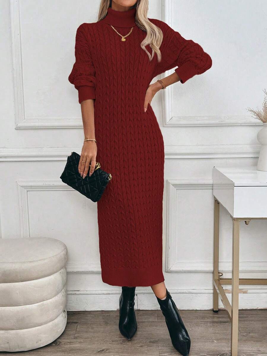 SHEIN Clasi Vestido de suéter de punto trenzado con cuello alto y corte holgado para mujer
