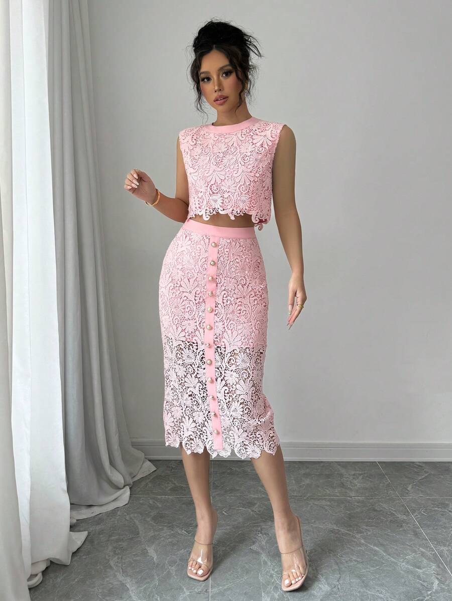 Breezaya Pink Lace Luxury Crew Neck High-Quality Slim Fit Coordinated Set