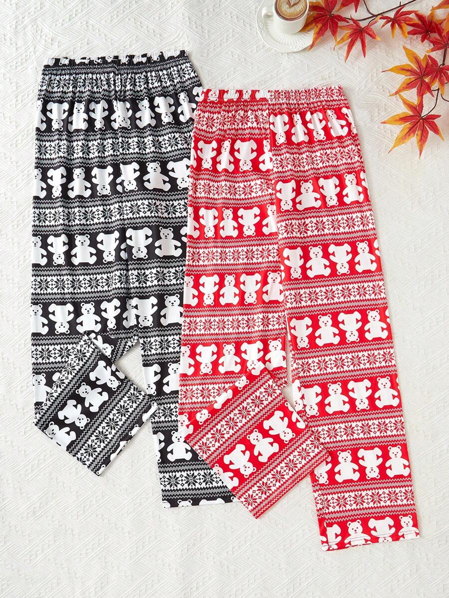 Set de pijama de 2 piezas con estampado de oso y geométrico para mujer