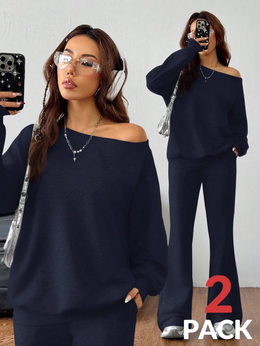 Coolane Women's Fall/Winter Basic Knit Plain Grey Baggy Off The Shoulder Asymmetrical Neck Long Sleeve Sweatshirt & Flare Pants Workout Set,Two Pieces Outfits