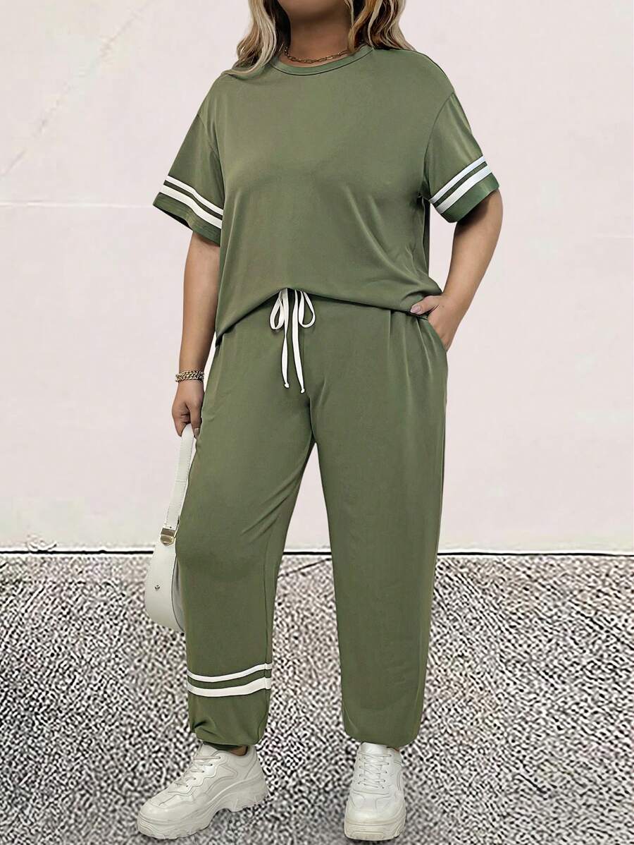 SHEIN LUNE Conjunto de 2 piezas de top de camiseta de contraste a rayas y pantalones deportivos de cintura elástica con bolsillos, en talla grande, estilo boho cowgirl, vestimenta occidental bohemia para mujer hippie de verano, para festivales Old Money, primavera, vacaciones y rave
