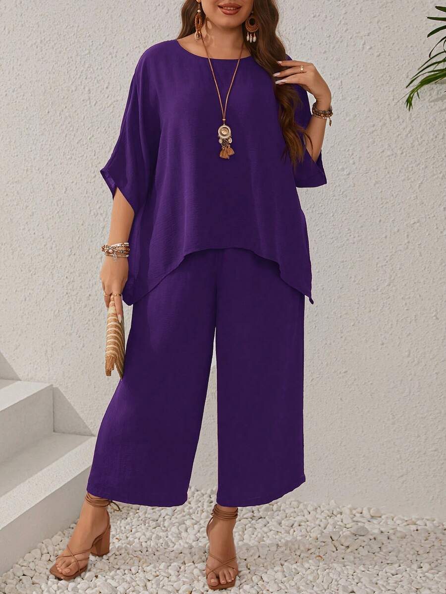 EMERY ROSE Plus Size Women's Dark Blue Batwing Sleeve Round Neck Shirt And Wide Leg Pants Set With Pockets For Summer