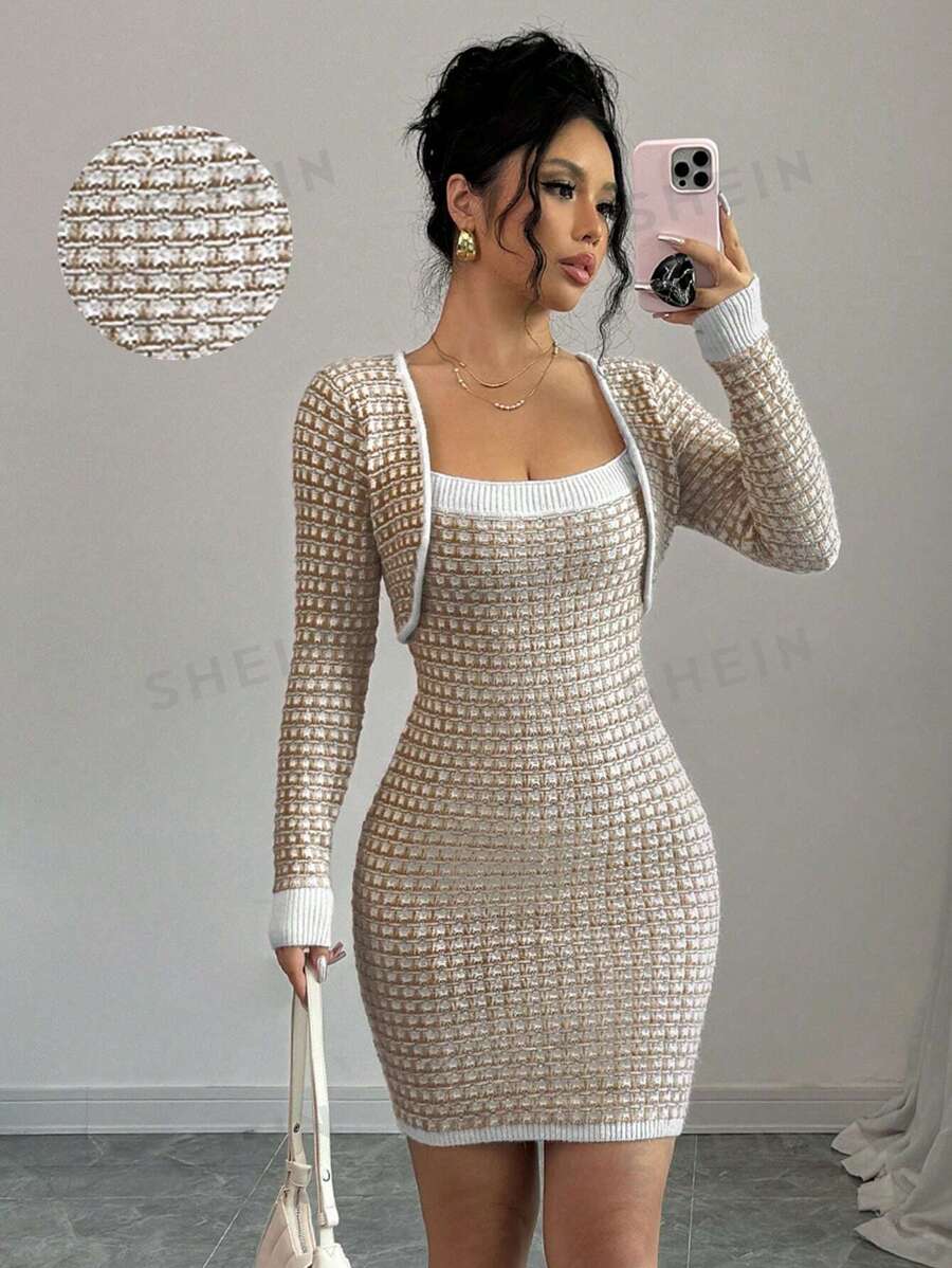 Elenzga Vestido corto ajustado de mujer con estampado de cuadros, para fiesta de Año Nuevo