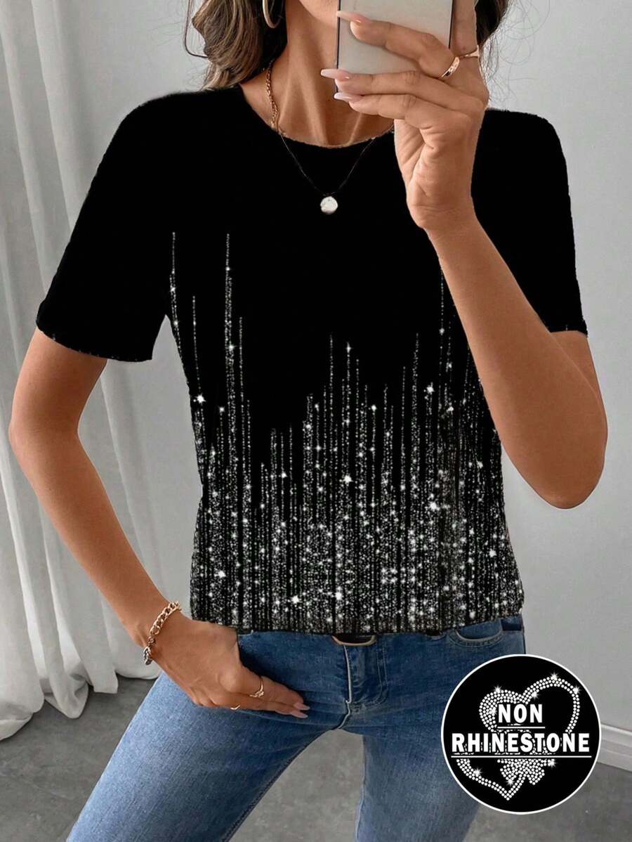SHEIN LUNE Casual Minimalist Glitter Round Neck Short Sleeve Loose Sequin Top