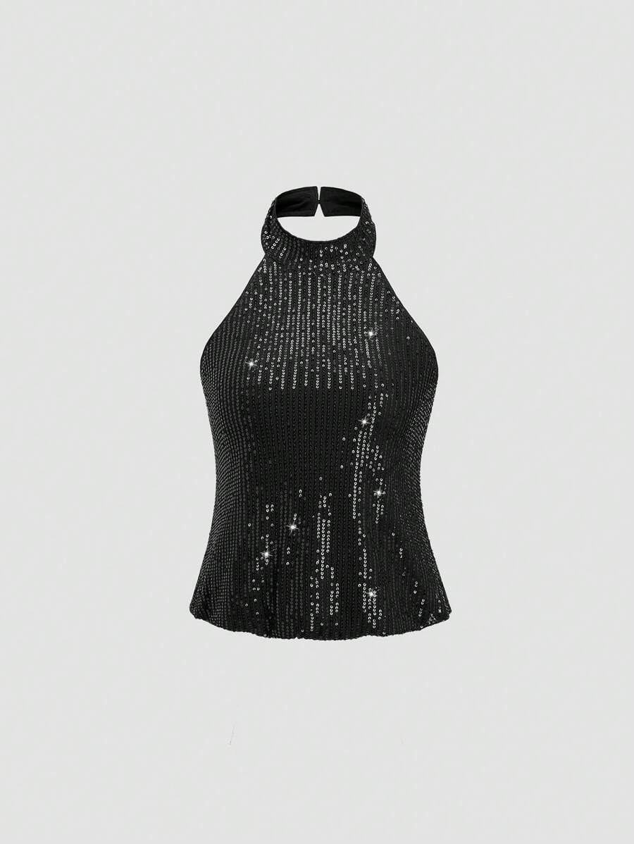 Flirla Women's Fashion Backless Sequin Halter Neck Blouse For Party