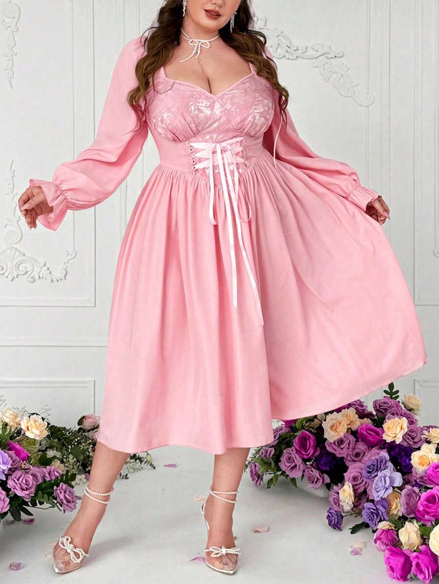 Sunnyshic Plus Size Women Scoop Neck Patchwork Waist Tie Long Sleeve Mid-Length Elegant Retro Cute Dress,Valentine