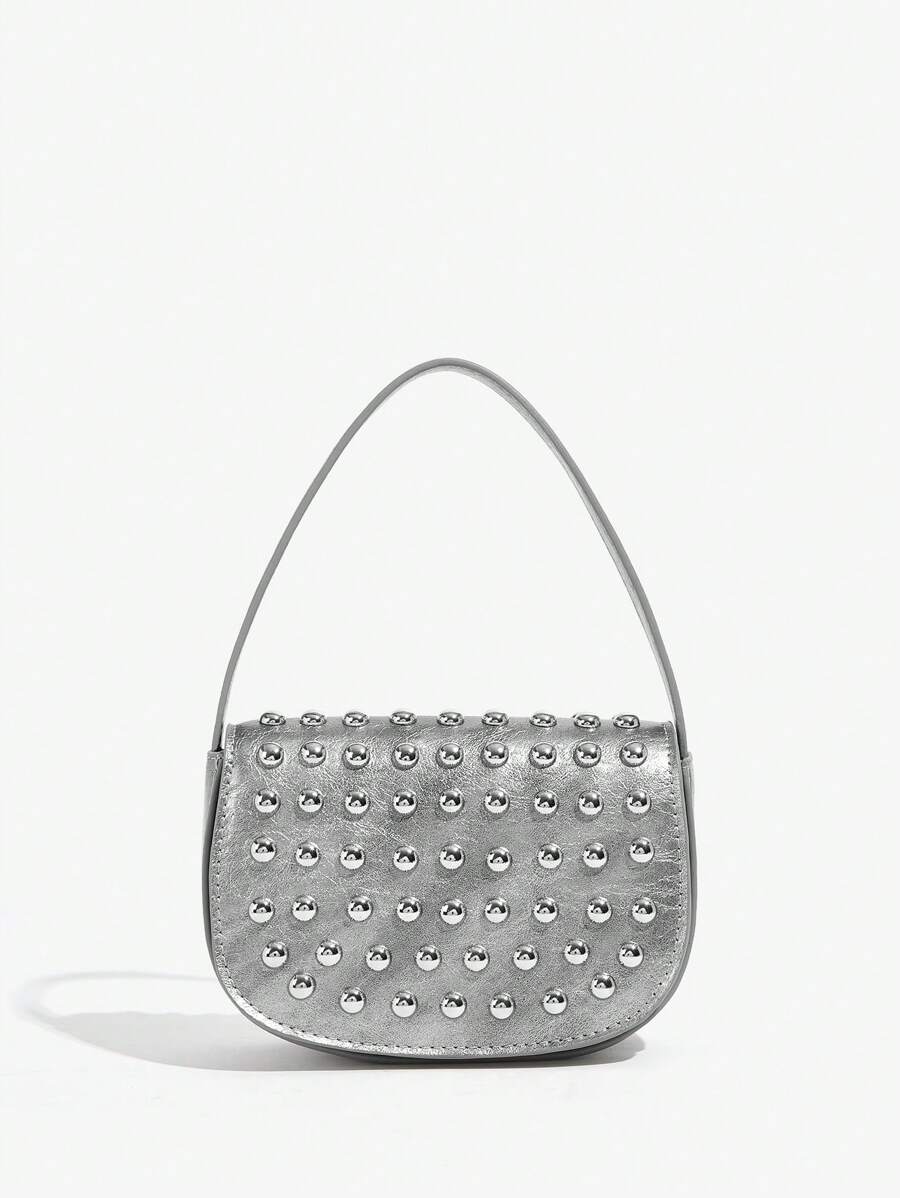 SHEIN ICON Bolso de hombro para damas y mujeres, bolso hobo, de moda, personalizado, simple, versátil, de calle, dulce y fresco para chicas, chicas calientes, Y2K, remaches, plateado, bolso de bolos, bolso Boston, Y3K, adolescentes