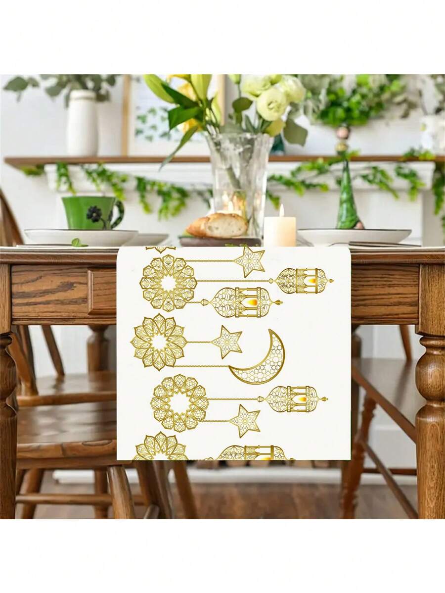 1 pièce Tapis de table en lin doré imprimé pour Ramadan, décoration de fête pour l'intérieur et l'extérieur