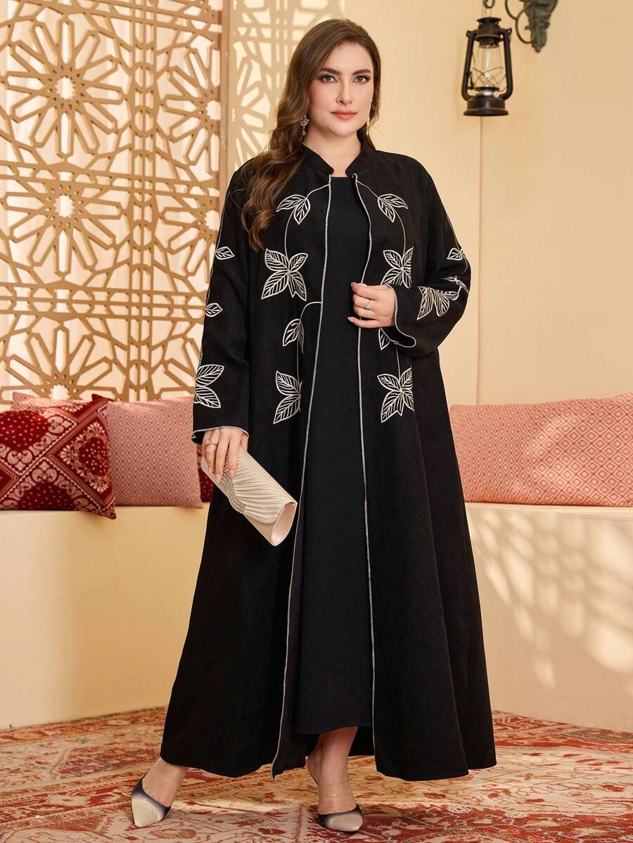 Al Najma Plus Size Women Elegant Embroidered Stand Collar Arab Abaya, Fashion, Autumn/Spring, Modest Robe