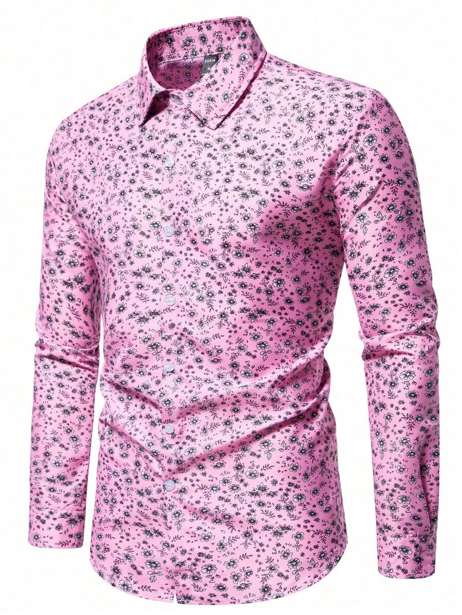 Manfinity Bizformal قميص كاجوال بأكمام طويلة للرجال بطباعة زهور متناثرة، خريفي
