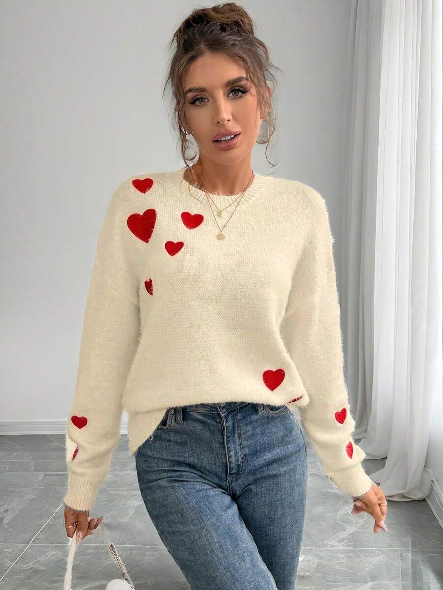 Chiquease European And American Stylish Design 3D Heart Embroidered Faux Mink Loose Fit Pullover Sweater, Autumn/Winter