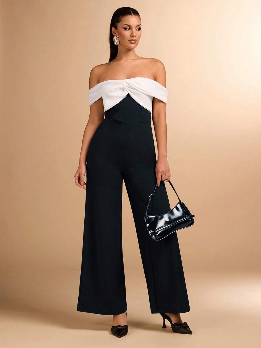 SHEIN BAE Elegant Women's Black & Color Block Jumpsuit, Great For Daily Wear, Dating, Outing, Nightclub, Party Gathering, Suitable For Halloween
