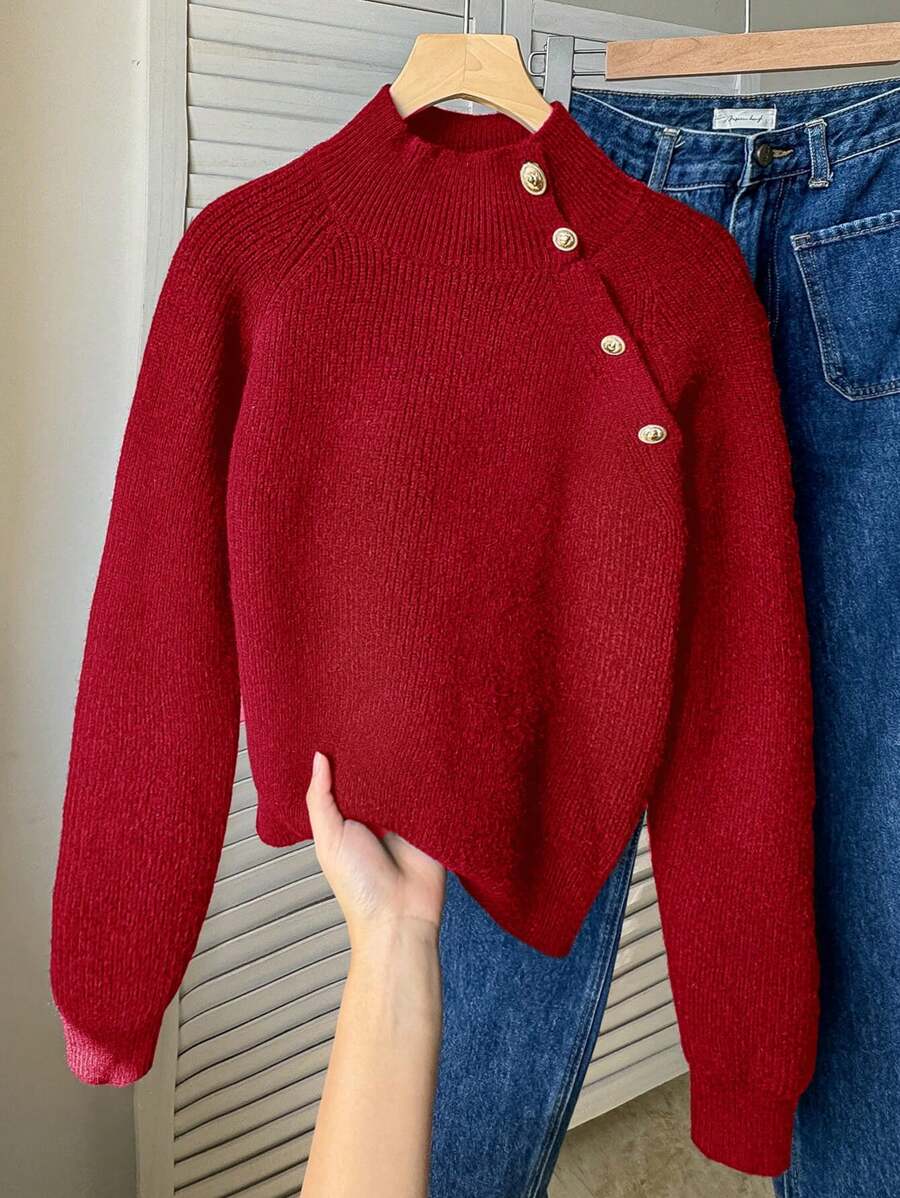 SHEIN Teenager Mädchen Elegante Rollkragen Pullover mit Schulteraussschnitt und Metall Knöpfen, geeignet für Feiertage, Vintage, Lässig Wear, Winter