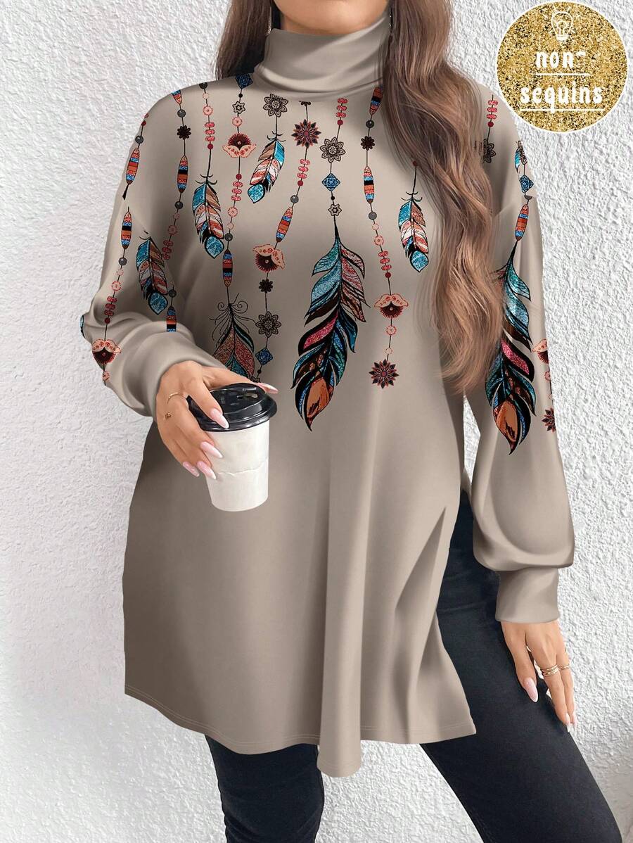 SHEIN LUNE Plus Size Casual Minimalist Feather Print High Neck Long T-Shirt, Autumn/Winter