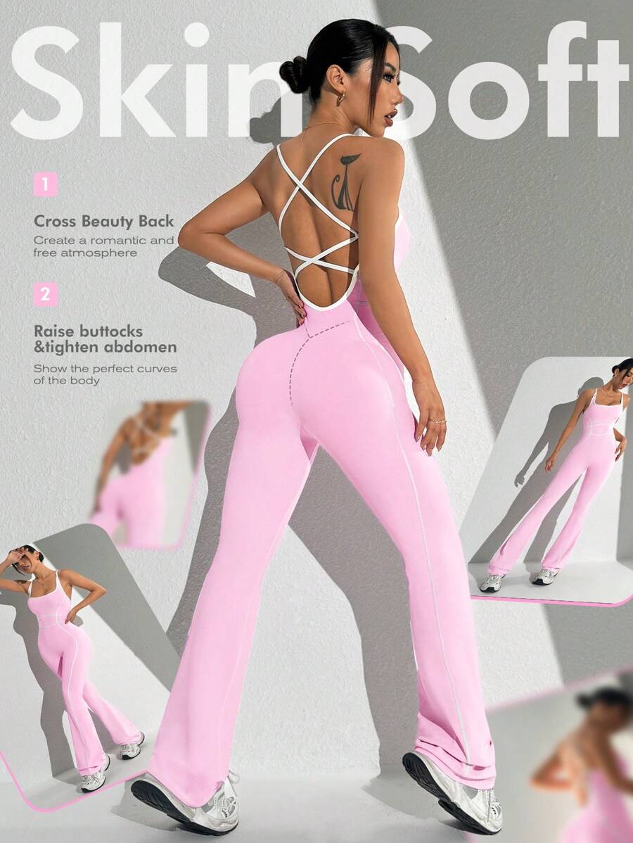 Dewbera Women's Tight Sexy Backless Cross Strap Sports Jumpsuit For Running, Yoga, Fitness Workout - Slimming Waist, Lifting Hip, Wide Leg