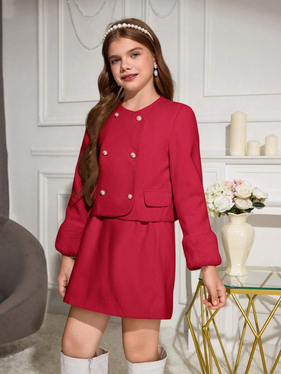 Conjunto de 2 piezas de niña preadolescente: top de manga larga de unicolor y mini falda, conjunto casual minimalista para uso diario