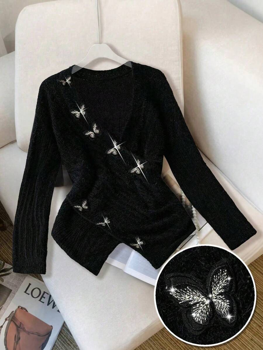 Celure Plus Size Solid V-Neck Butterfly Knit Waist-Cinched Asymmetrical Hem Women Sweater, For Winter