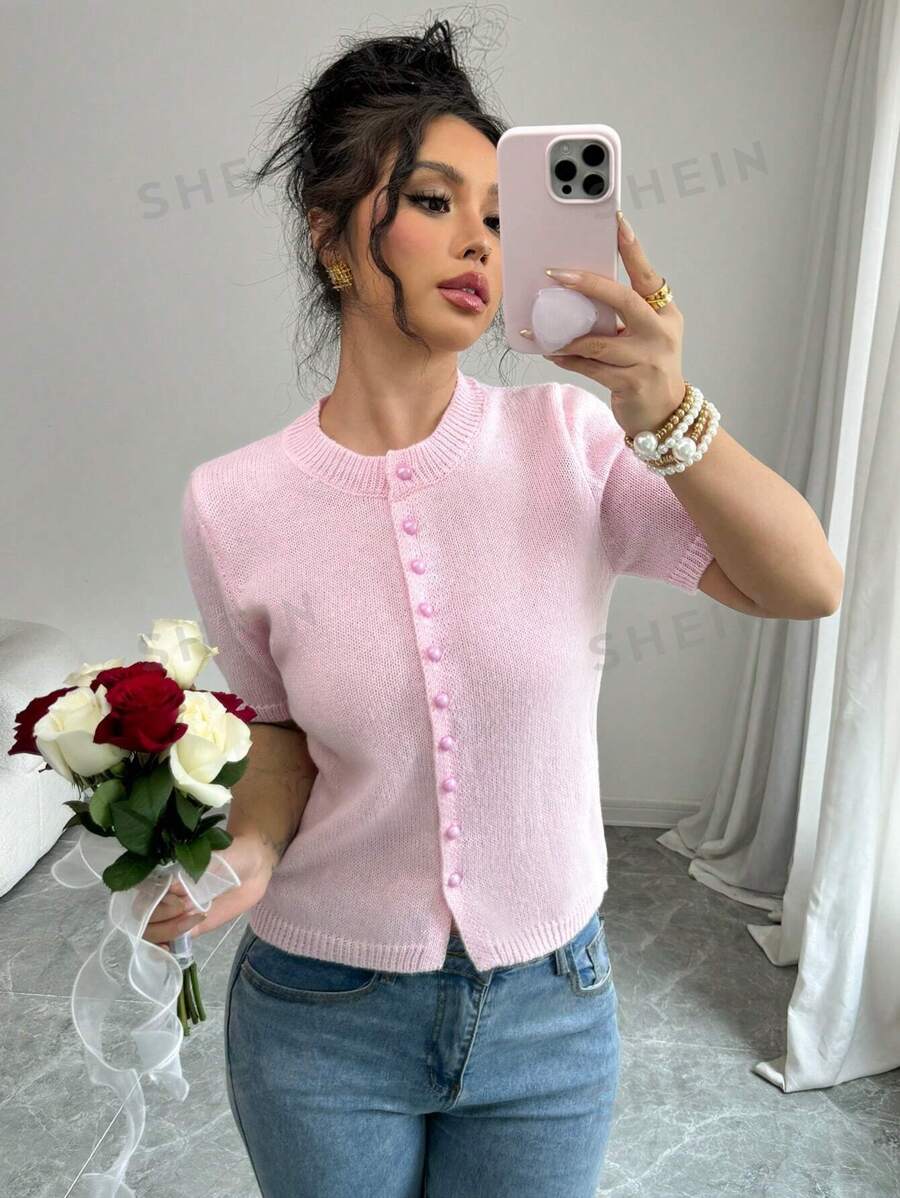 Gloray Nueva llegada Suéter holgado y sencillo de punto con botones para mujer, suéter de manga corta en color rosa para otoño/invierno