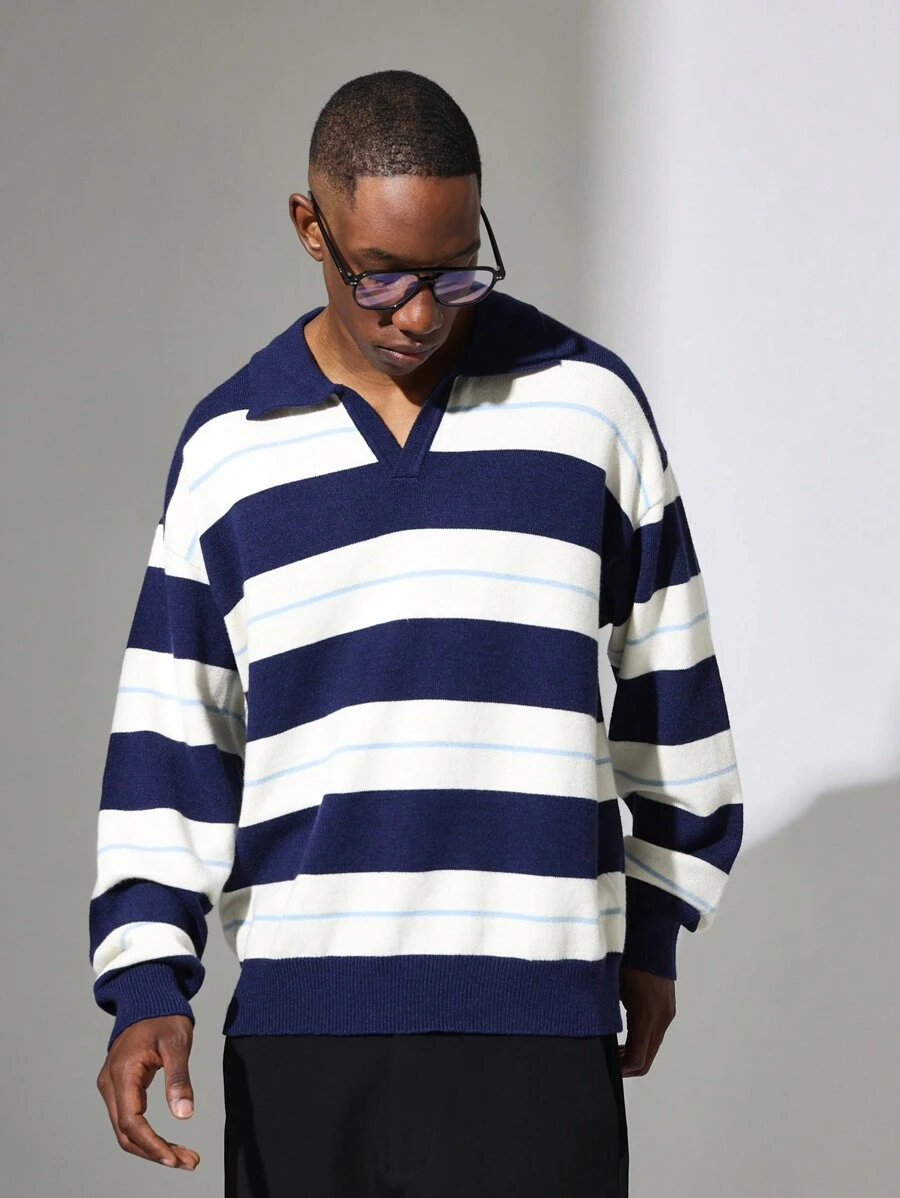 SUMWON Classic Knit Polo Sweater V-Neck Striped Pullover Long Sleeve Winter Fall Casual Preppy University Style Ribbed Cuffs Warm Knitwear