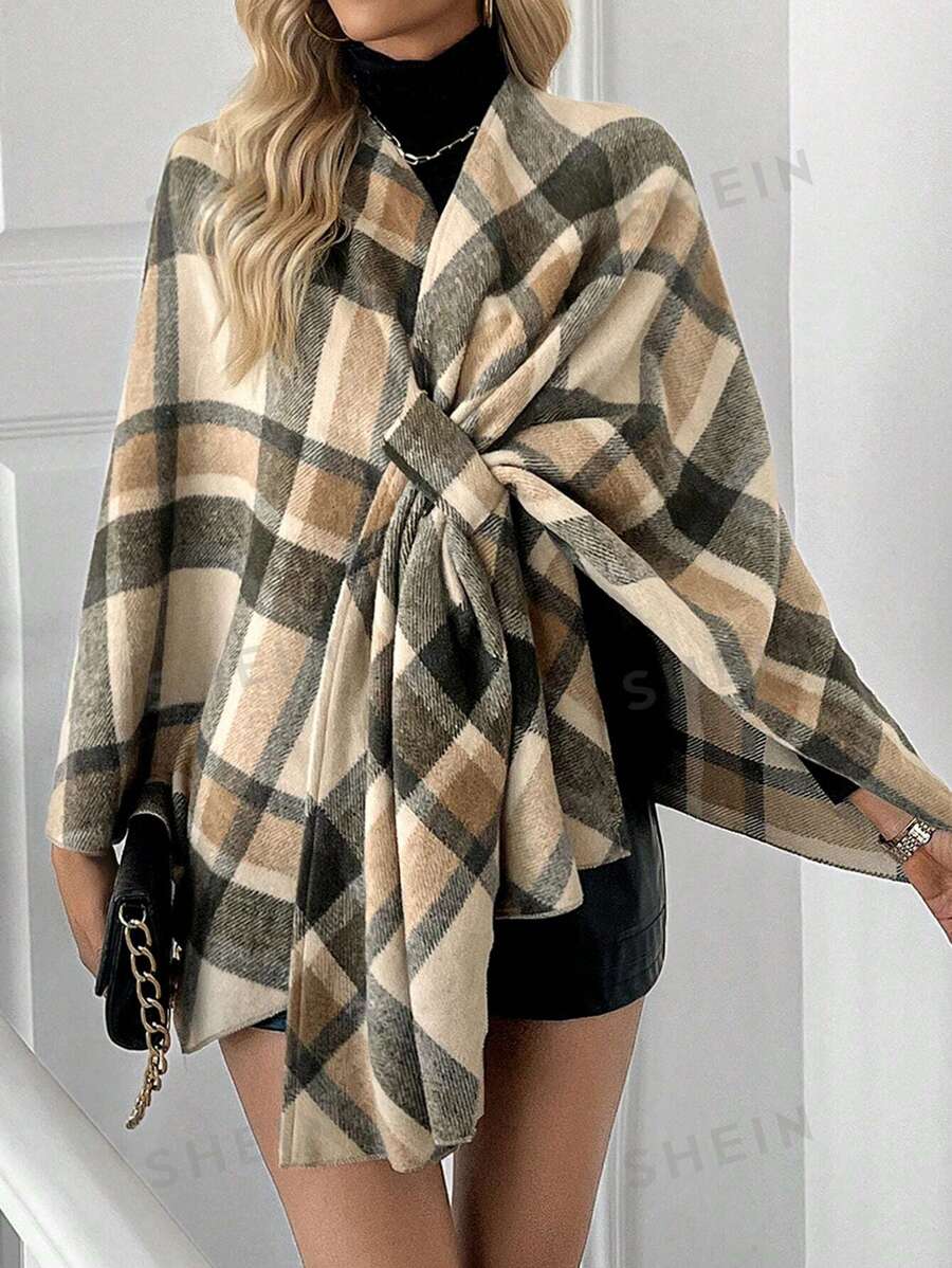 INAWLY Abrigo tipo capa asimétrico de mujer elegante con diseño de pata de gallo, para otoño/invierno