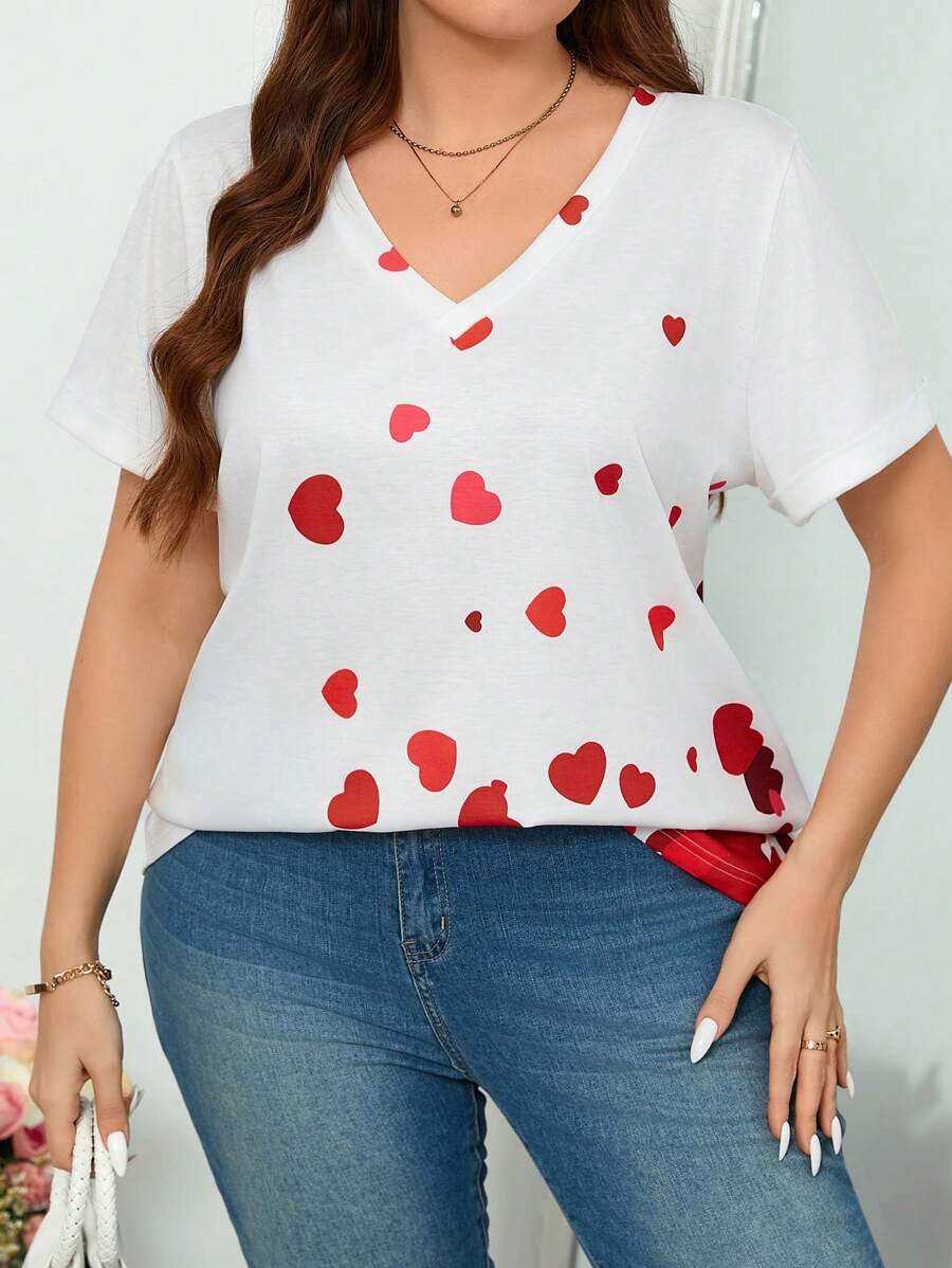 SHEIN Clasi Plus Size Valentine's Heart Print Short Sleeve T-Shirt