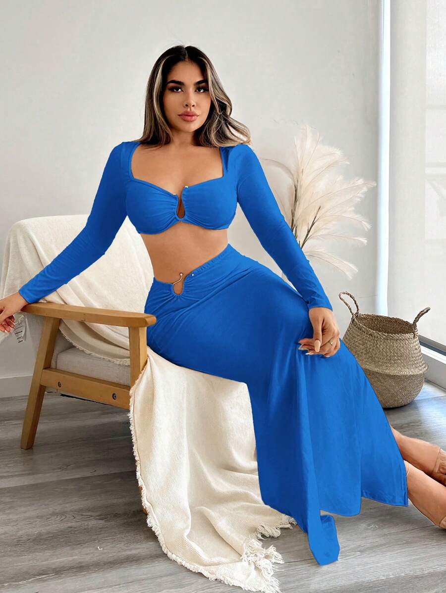 SHEIN SXY Set de 2 piezas con top cropped y falda midi con hebilla para mujer