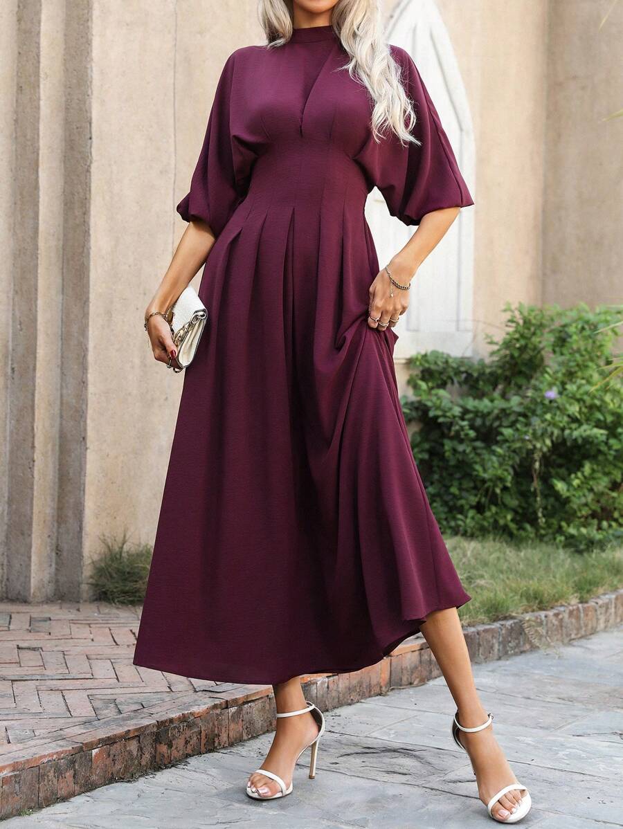SHEIN Clasi Women's Middle East Style Casual Vacation Commute Front Waist Shirred Gathered Sleeve Dress, Spring/Summer/Autumn