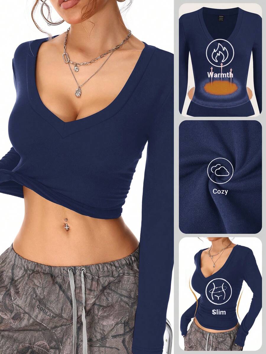 Coolane Women's Fall/Winter Casual Knit With Fleece V-Neck T-Shirt