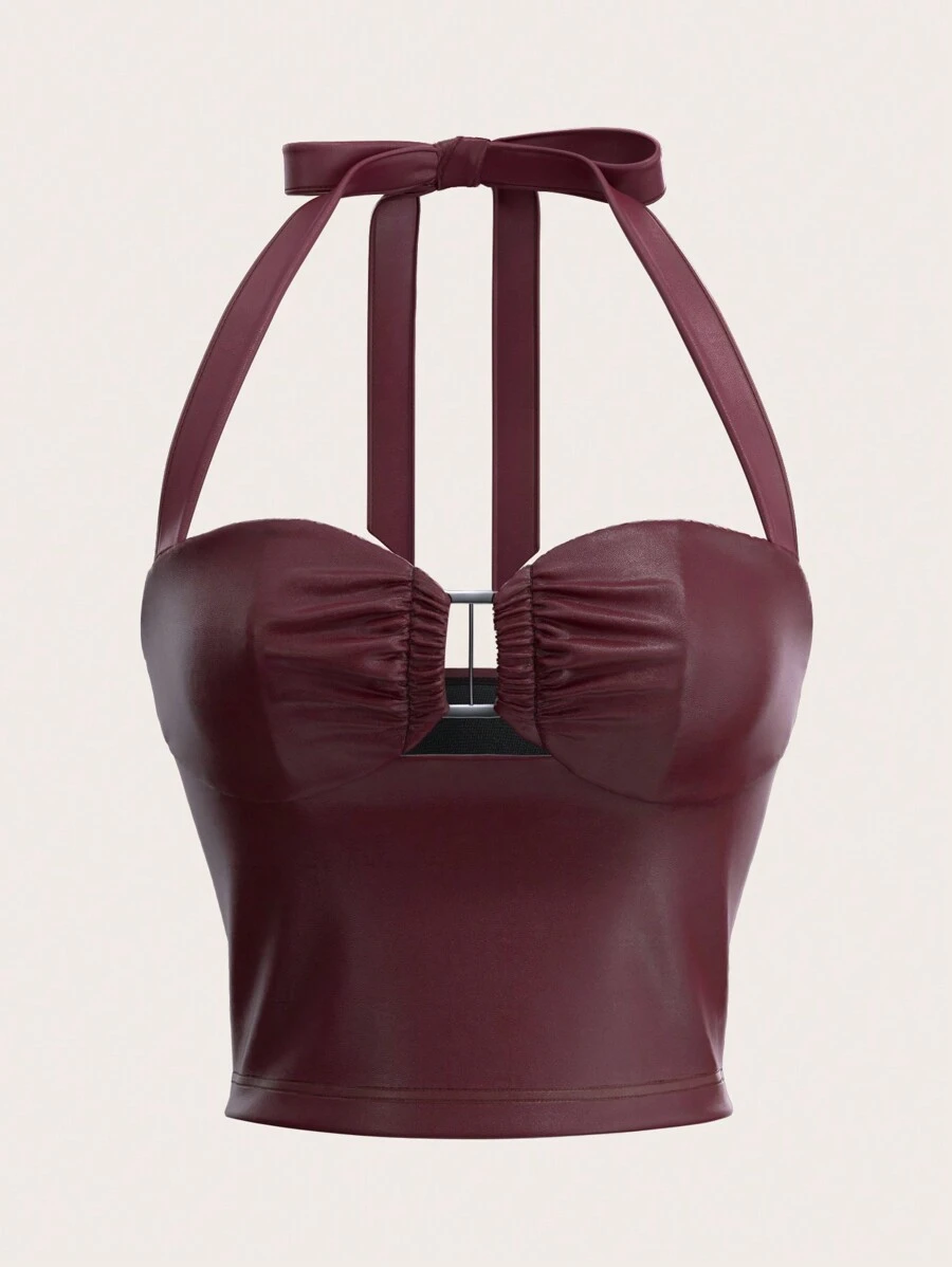 SHEIN ICON Fashionable Sexy Solid Color PU Leather Backless Halter Top