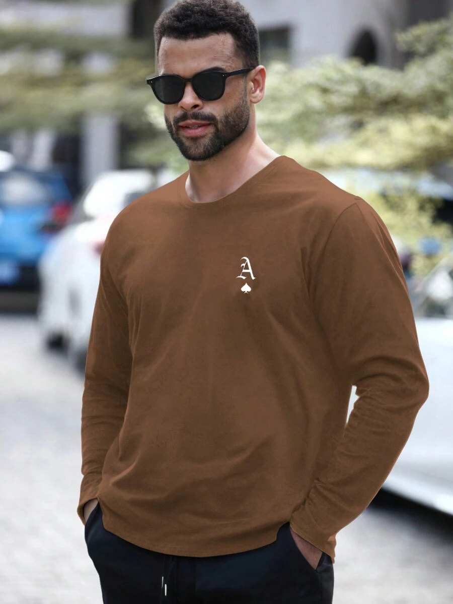 Manfinity LEGND Plus Size Men's Print Round Neck Long Sleeve Casual T-Shirt, Autumn
